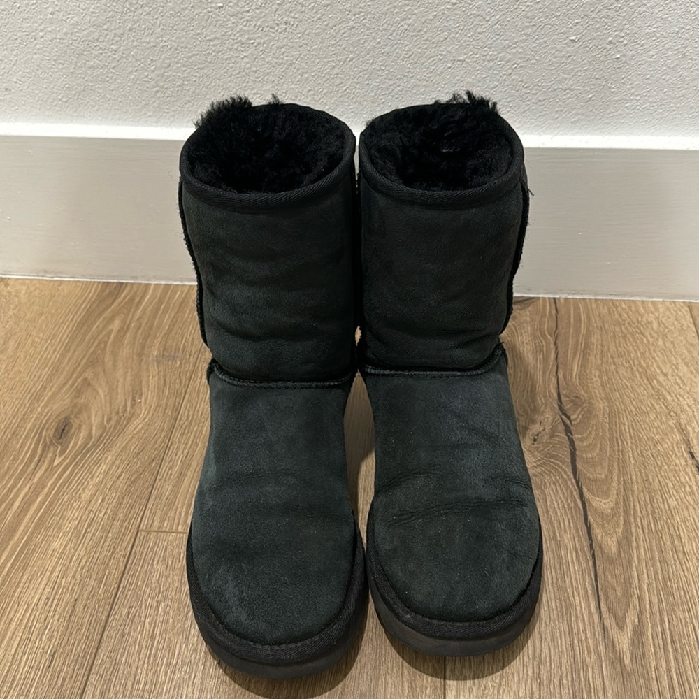 Classic genuine shearling lined short boot in black suede.